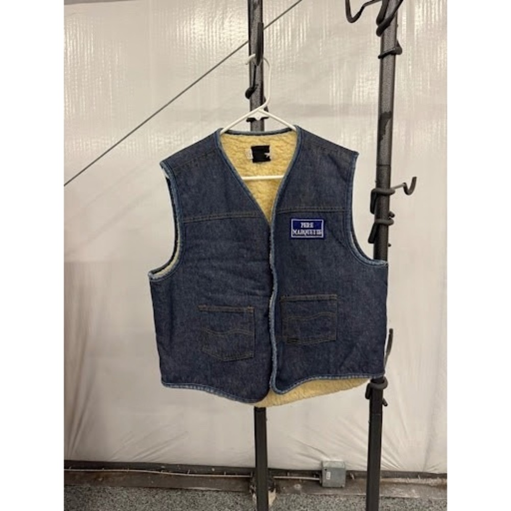 Vintage Sears Roebucks Denim Vest XL Sherpa Lined Pere Marquette Railroad Patch